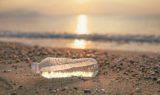 Plastic water bottle at sandy beach shoreline in summer morning, plastic pollution of ocean and seaside